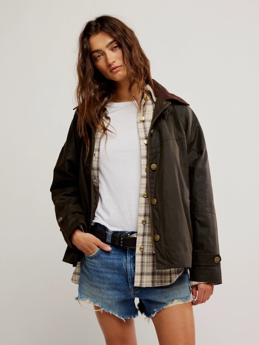 Free People x Revolve We The Free Barn Cori Waxed Jacket In Olive & Brown NEW